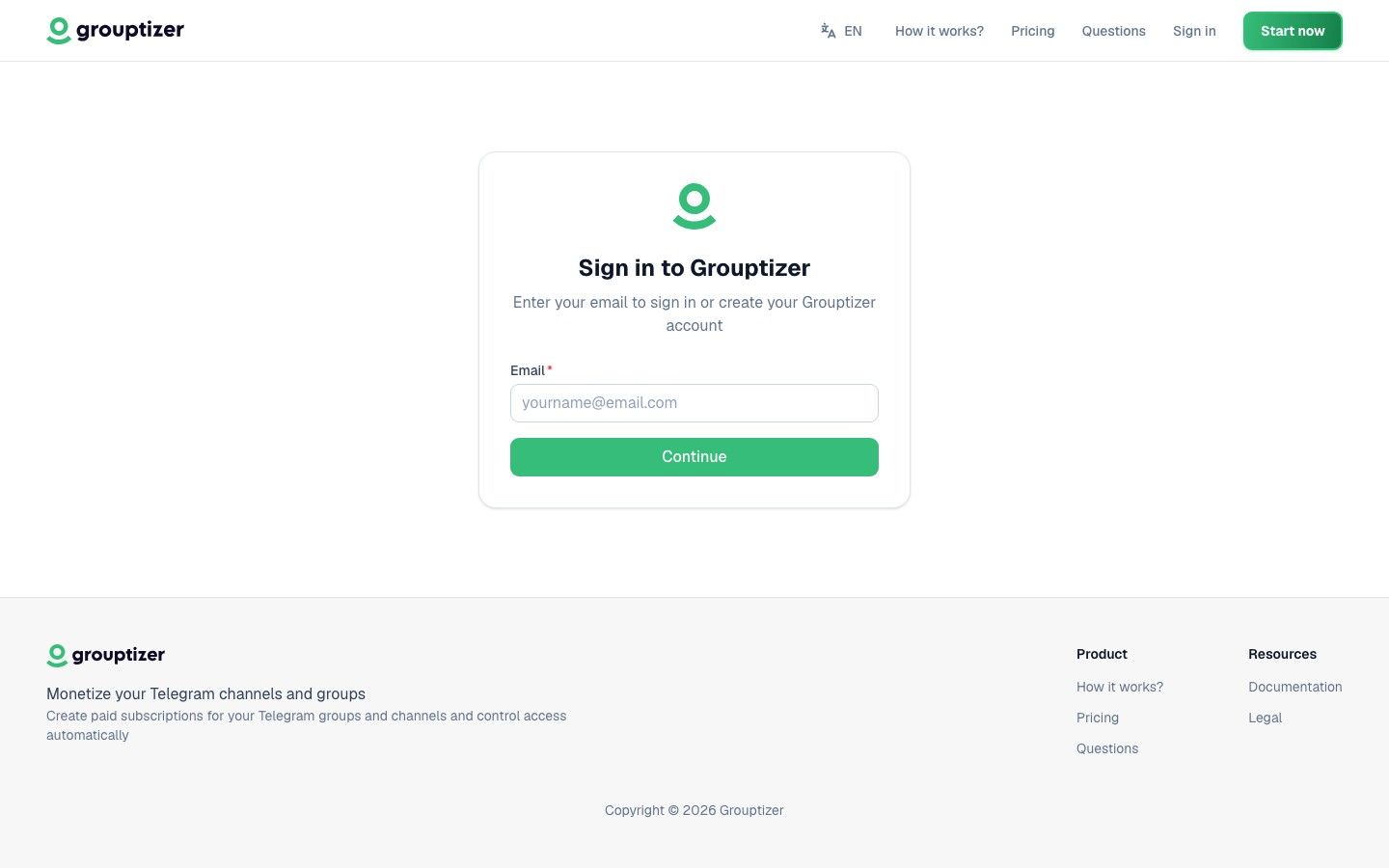 Grouptizer sign-in screen with email and one-time code access
