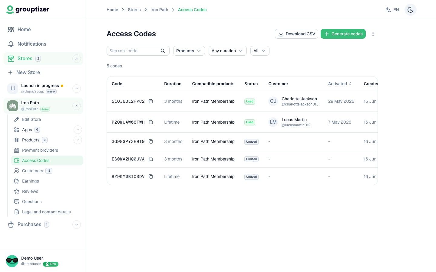 Access Codes screen in Grouptizer