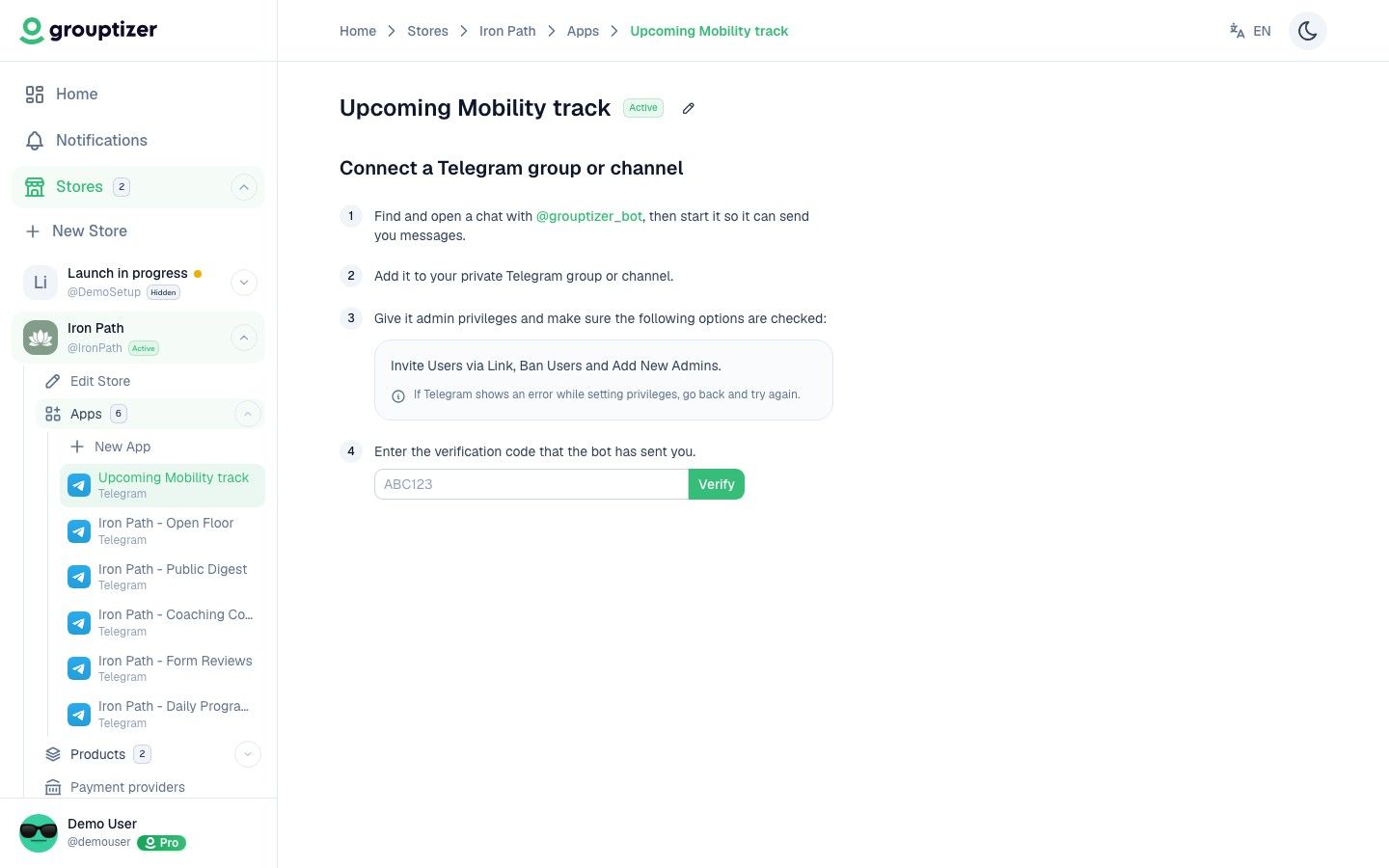 Telegram integration setup screen with the verification steps