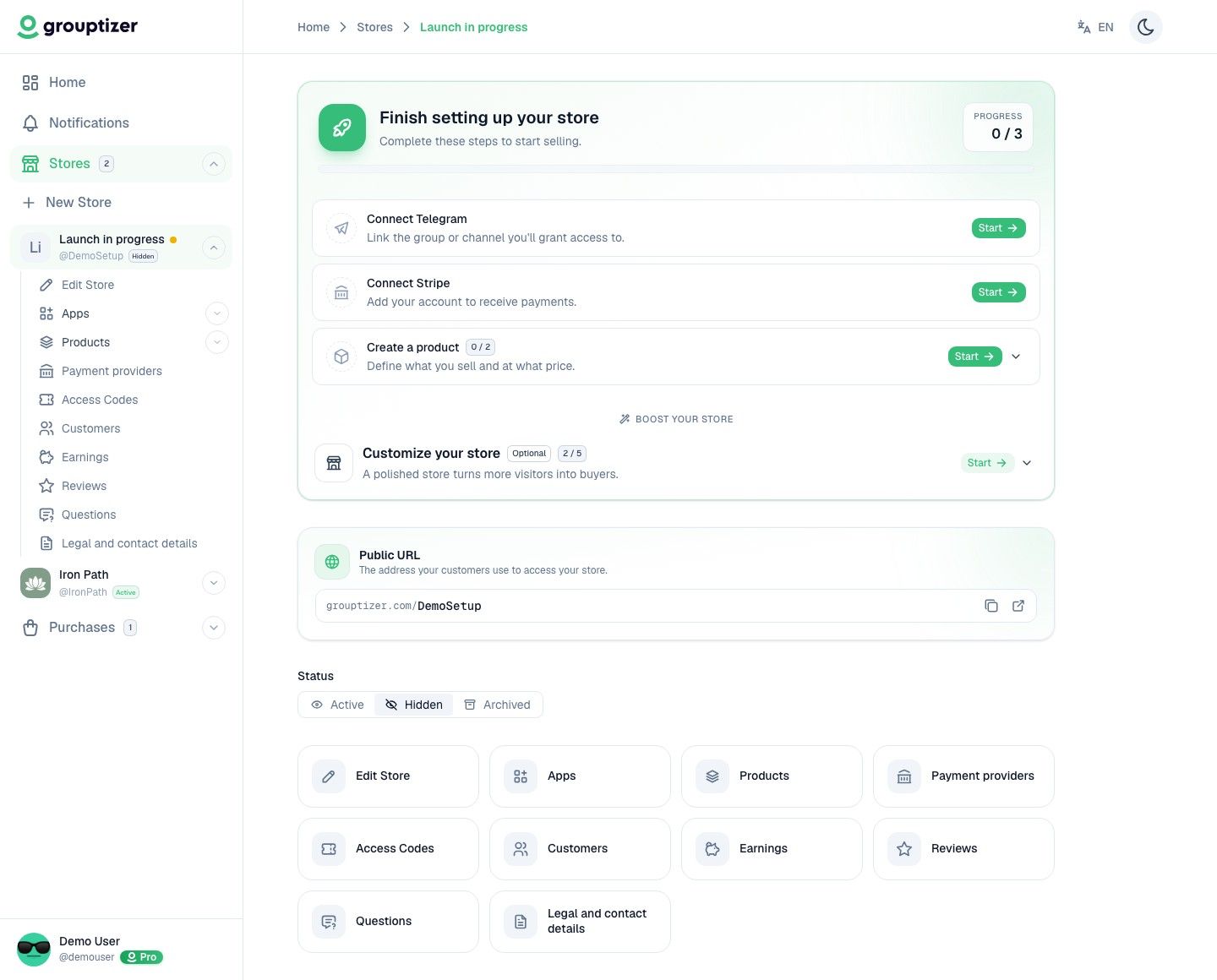 Store overview panel with the setup checklist