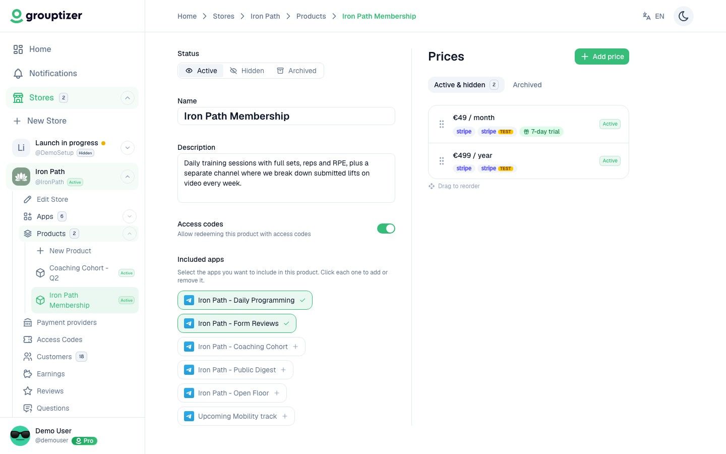 Product detail in Grouptizer with description and included apps