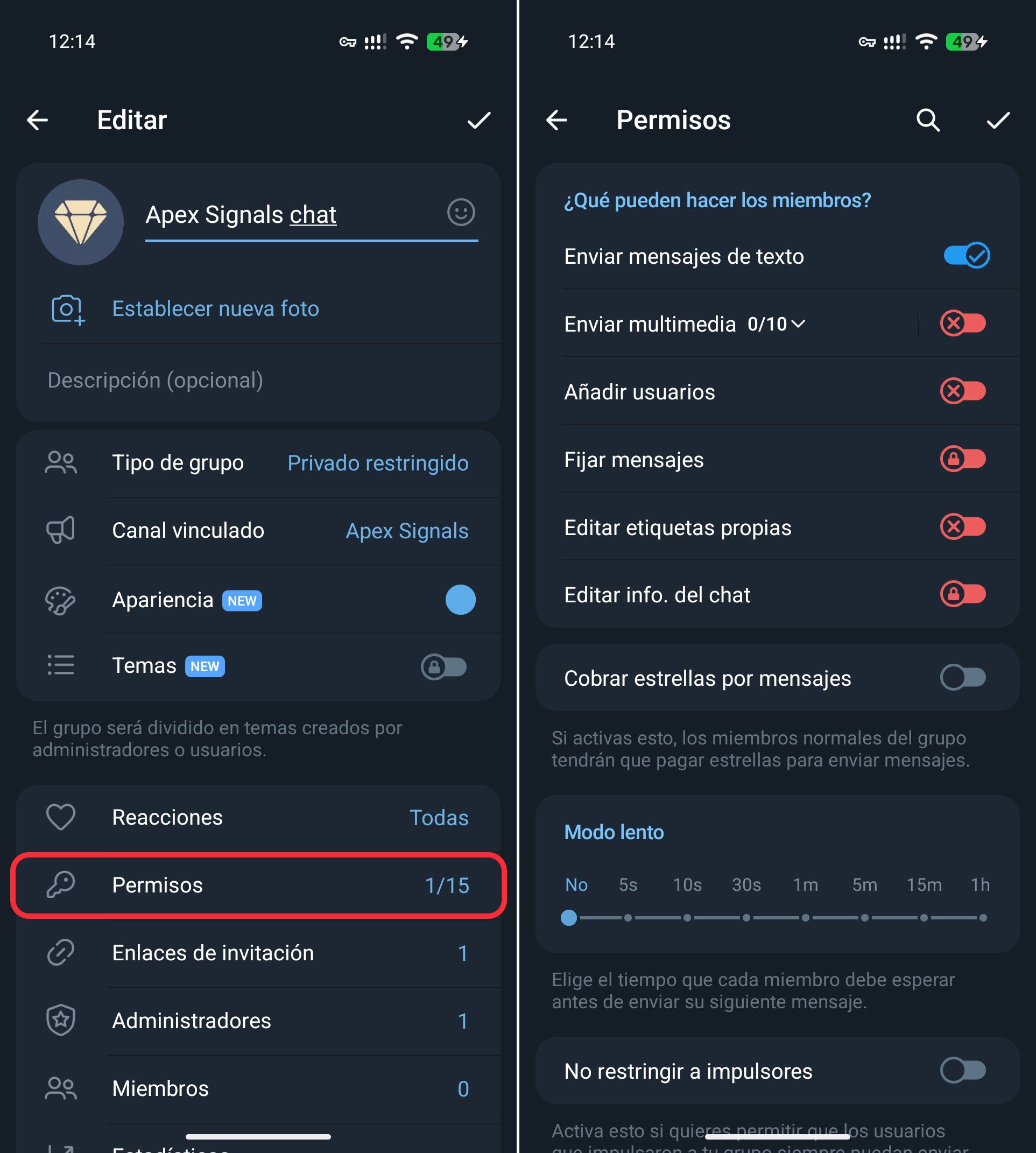 Modificar permisos del grupo de Telegram