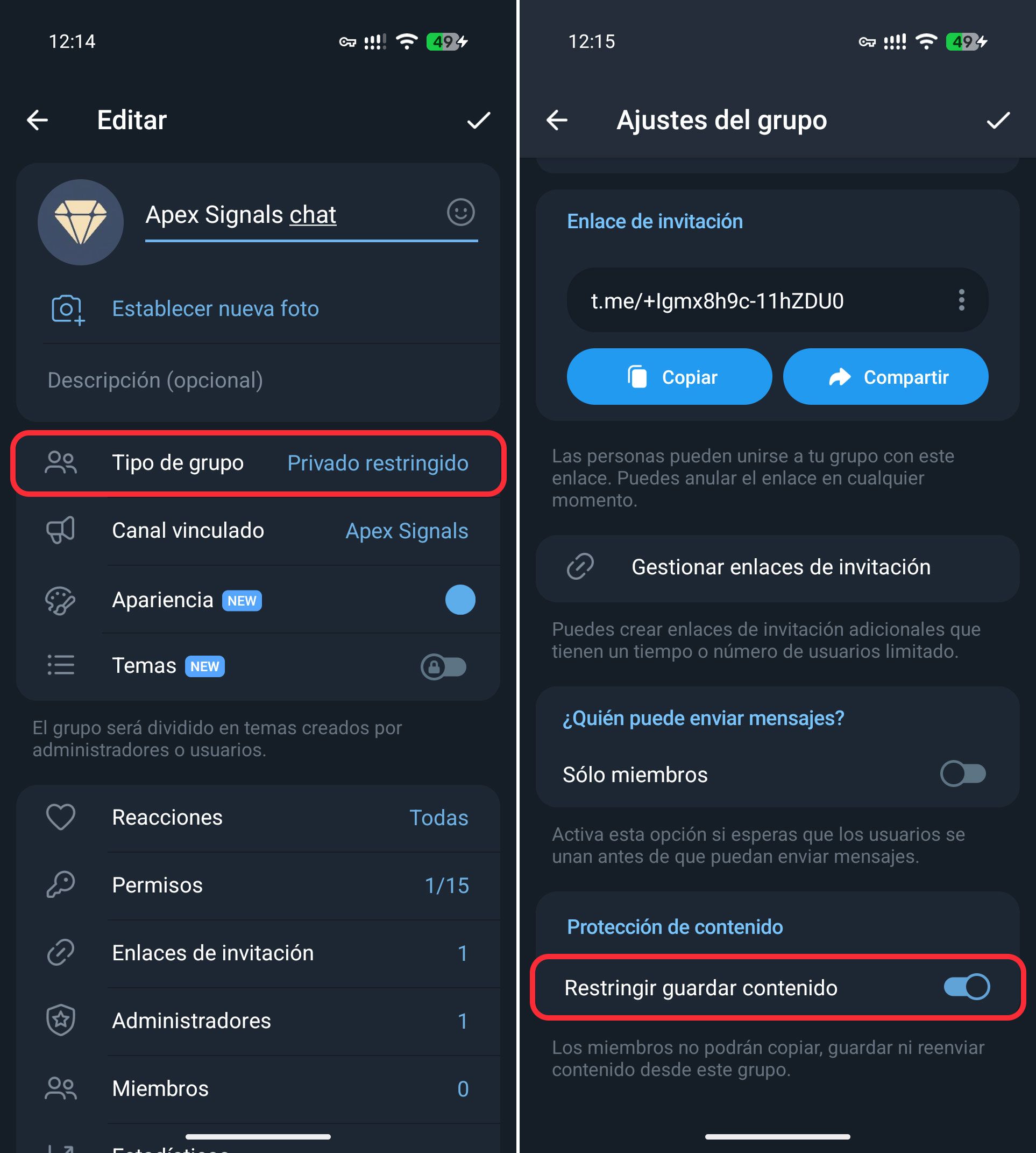 Restringir guardar contenido del grupo de Telegram